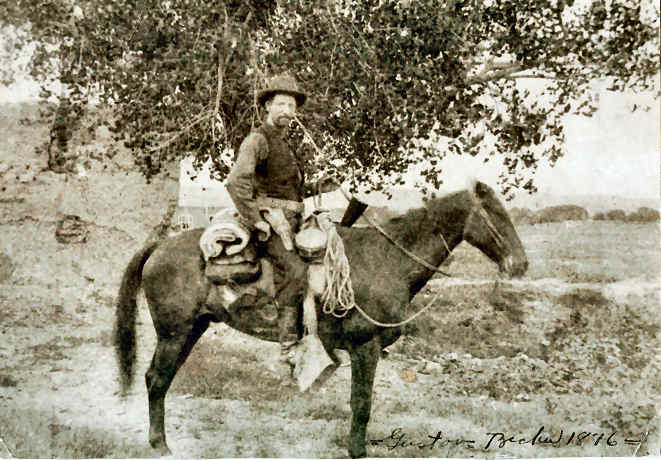 Gustov Becker leaving Belen, New Mexico on his way to Round Valley. He arrived in the valley August 20, 1876, with all his worldly possessions on his horse.